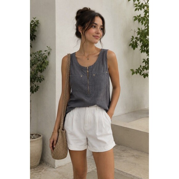 Ellen Tracy Tops - Ellen Tracy 100% Linen Top Size S Gray Gold Zip Tunic Tank